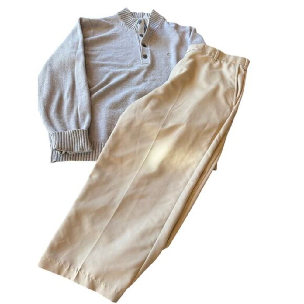 IZOD Mens Golf Sweater & Khaki Pants Outfit Set XL 38x30 Gray Tan Outdoor Preppy